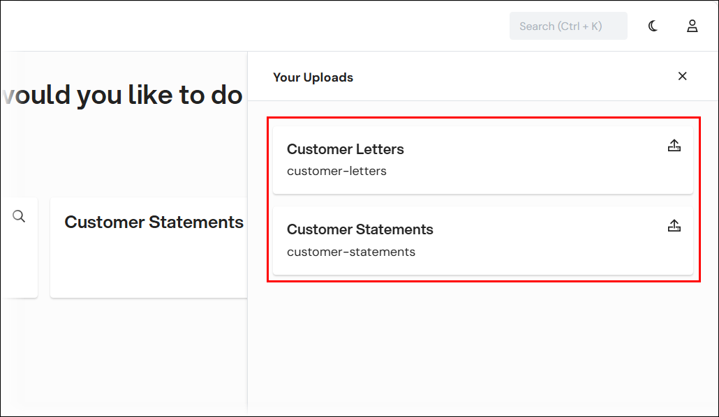 The Your Uploads pane showing a list upload configurations.